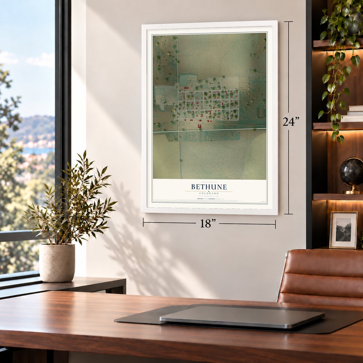 Bethune, Colorado map, 18 x 24 inch print in a white frame in a home office
