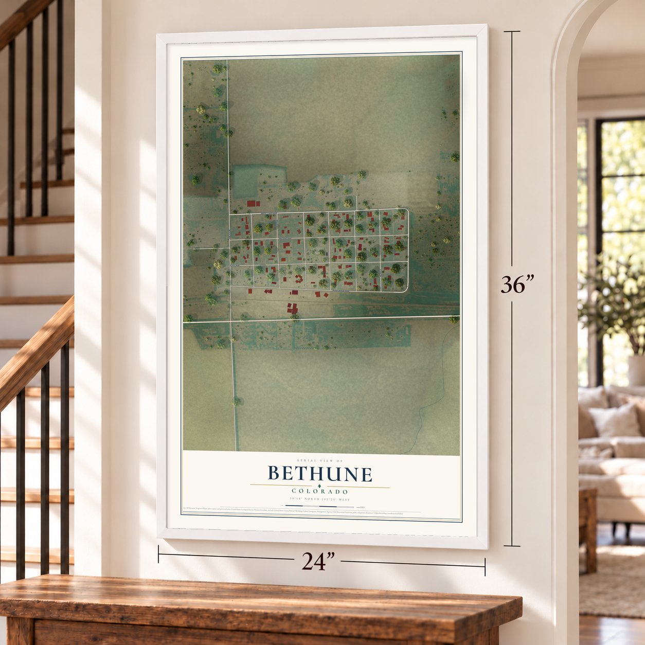 Bethune, Colorado map, 24 x 36 inch print in a white frame by a staircase