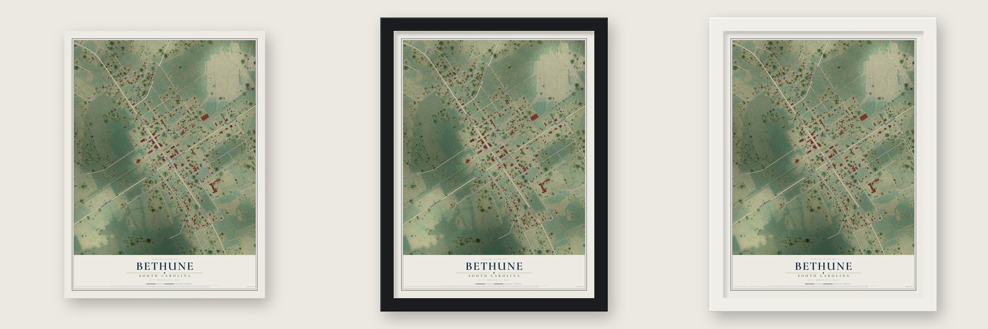 Bethune, South Carolina map unframed, in a black wood frame and in a white wood frame