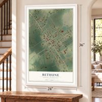 Bethune, South Carolina map, 24 x 36 inch print in a white frame by a staircase