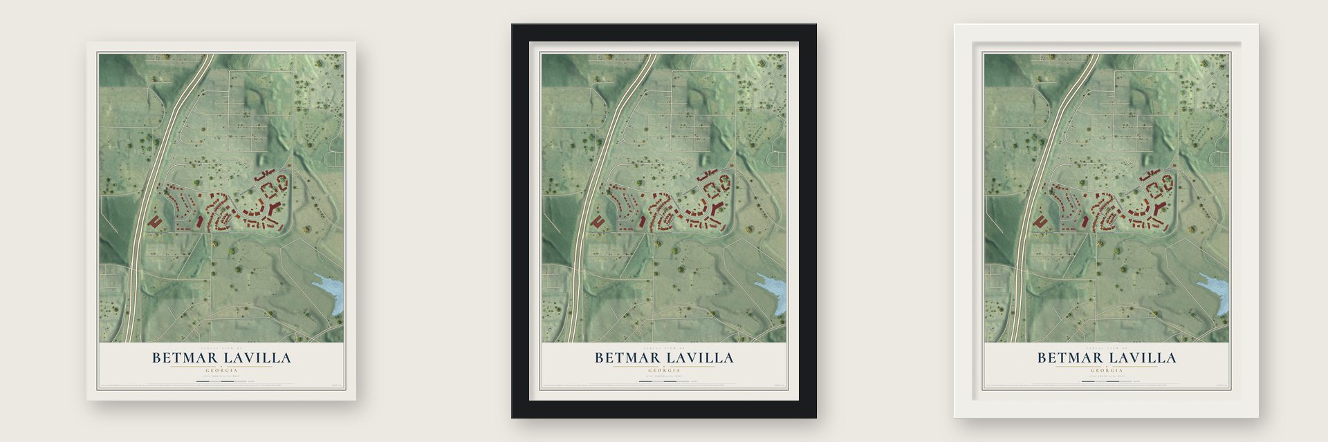Betmar LaVilla, Georgia map unframed, in a black wood frame and in a white wood frame