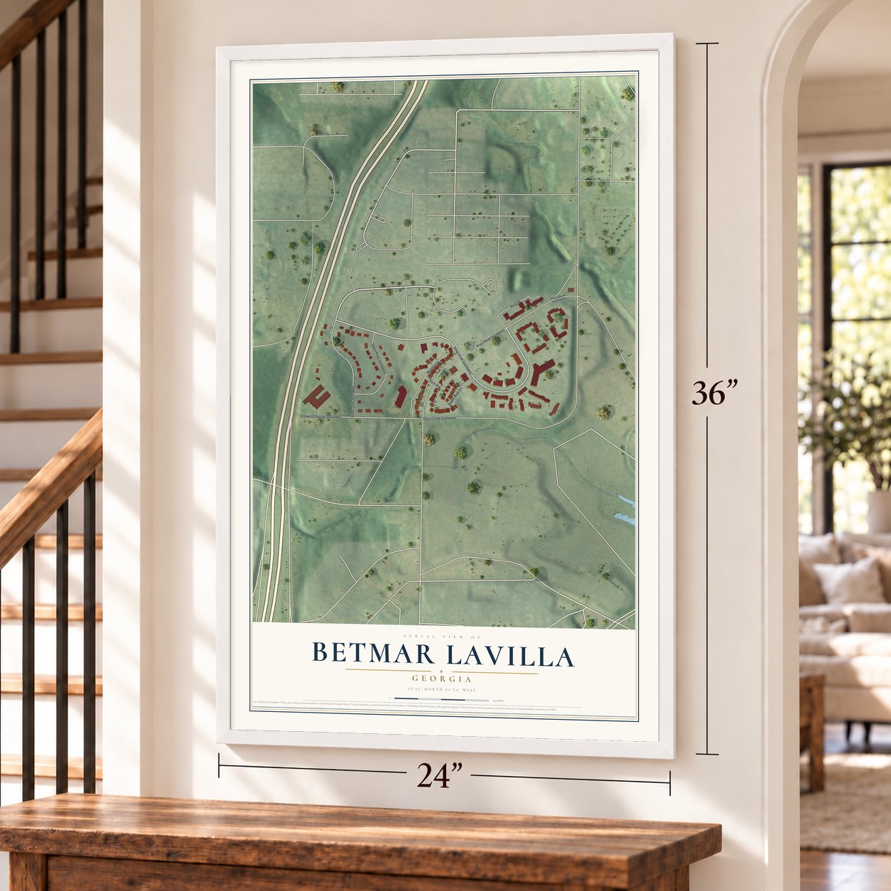 Betmar LaVilla, Georgia map, 24 x 36 inch print in a white frame by a staircase