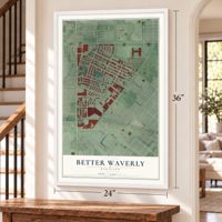 Better Waverly, Maryland map, 24 x 36 inch print in a white frame by a staircase