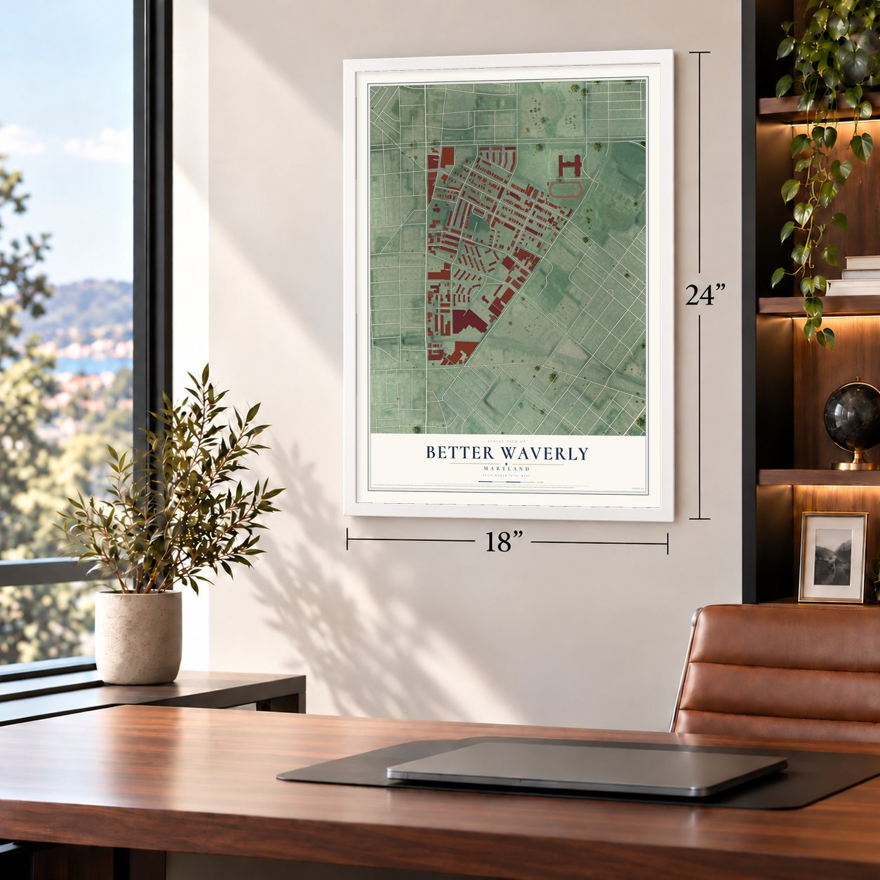 Better Waverly, Maryland map, 18 x 24 inch print in a white frame in a home office