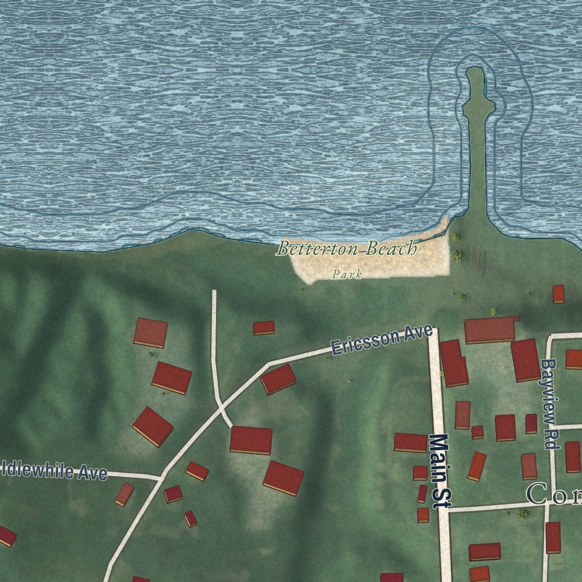 Second close-up of the map of Betterton, Maryland print showing more streets and buildings