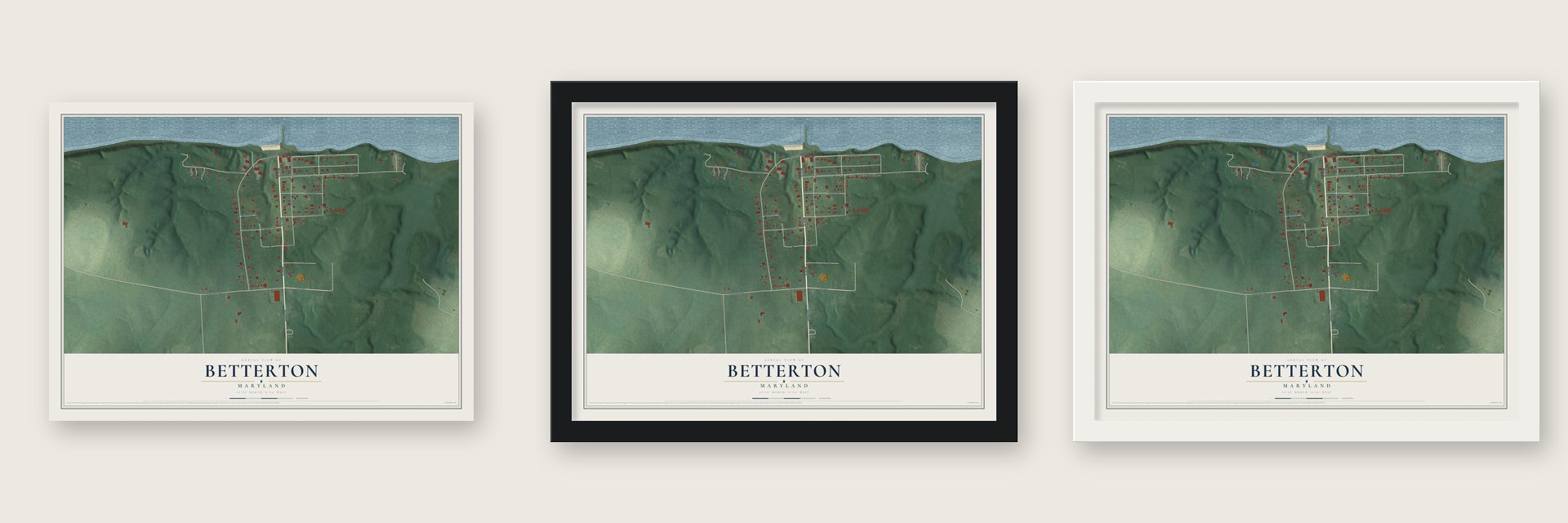 Betterton, Maryland map unframed, in a black wood frame and in a white wood frame