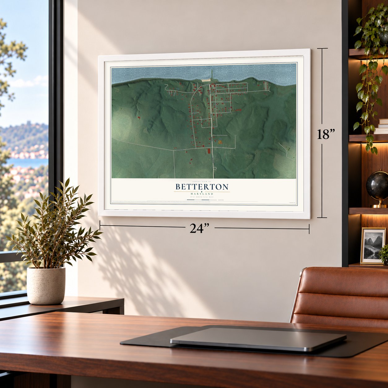 Betterton, Maryland map, 18 x 24 inch print in a white frame in a home office