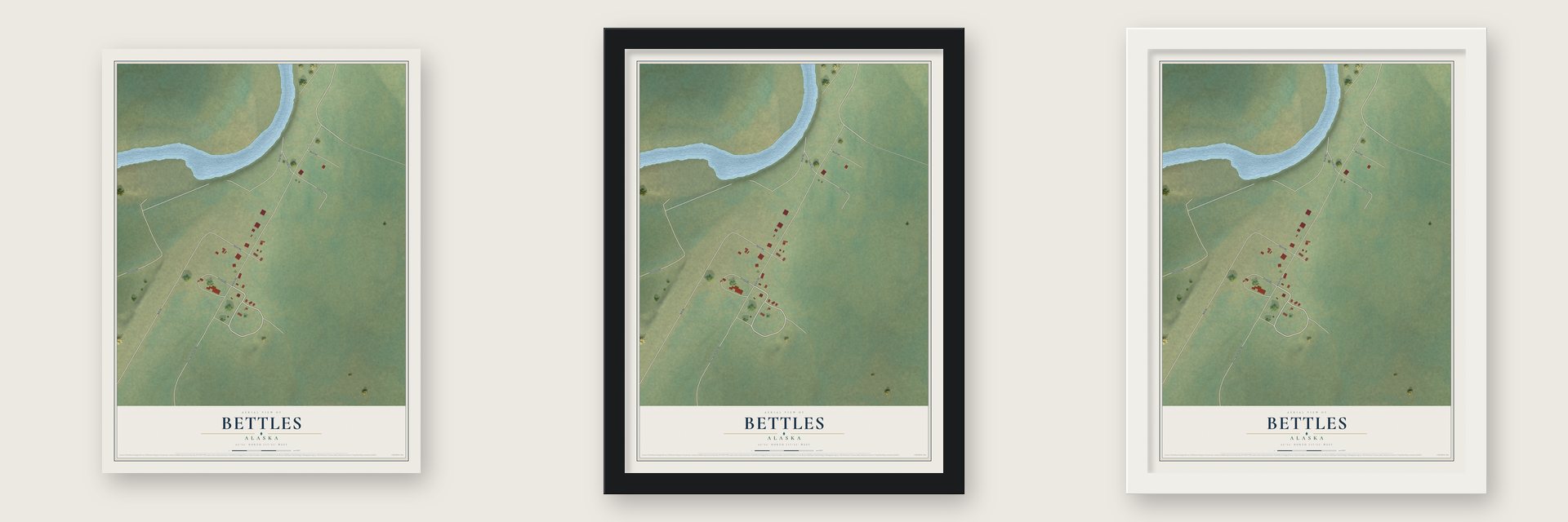 Bettles, Alaska map unframed, in a black wood frame and in a white wood frame