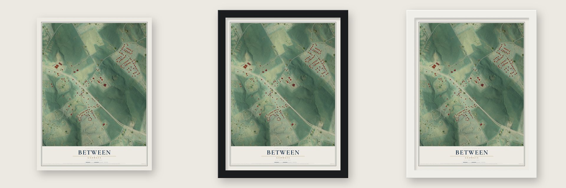 Between, Georgia map unframed, in a black wood frame and in a white wood frame