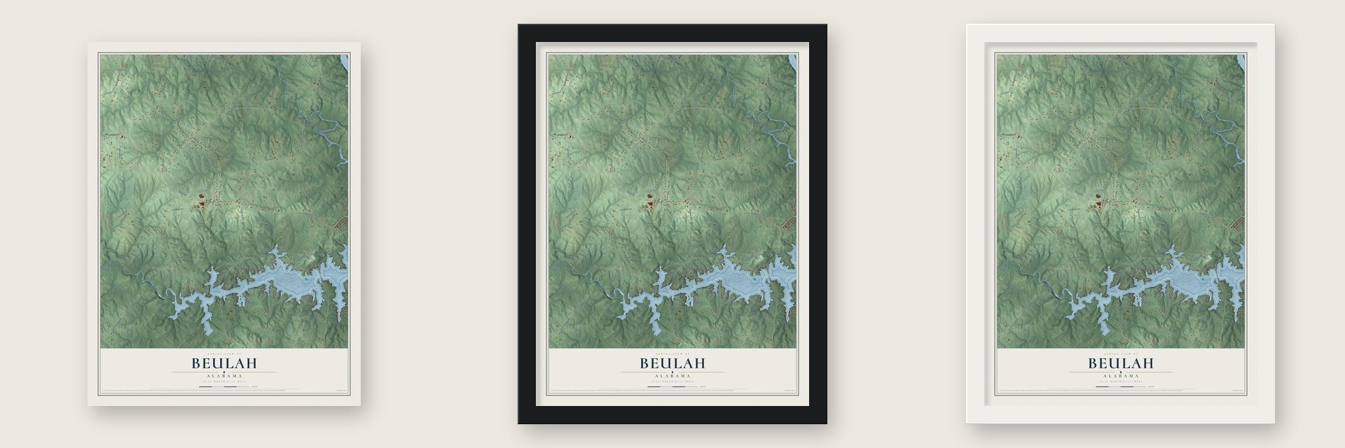 Beulah, Alabama map unframed, in a black wood frame and in a white wood frame