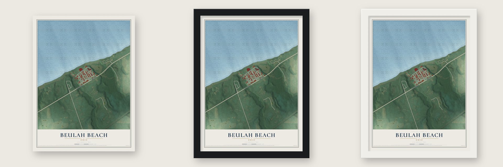 Beulah Beach, Ohio map unframed, in a black wood frame and in a white wood frame