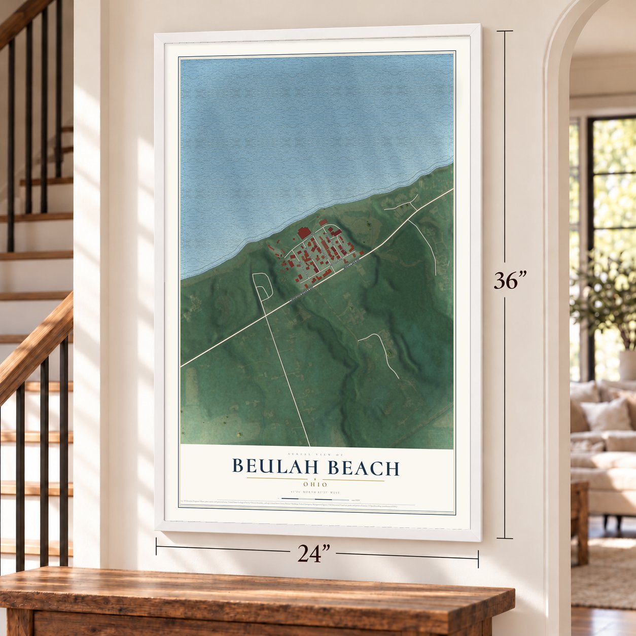 Beulah Beach, Ohio map, 24 x 36 inch print in a white frame by a staircase