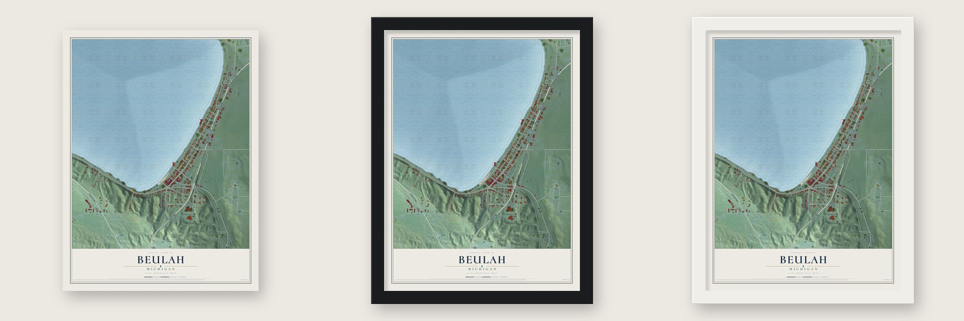 Beulah, Michigan map unframed, in a black wood frame and in a white wood frame