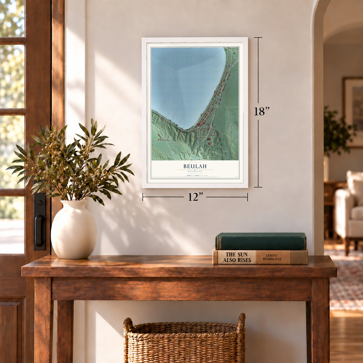 Beulah, Michigan map, 12 x 18 inch print in a white frame in an entryway