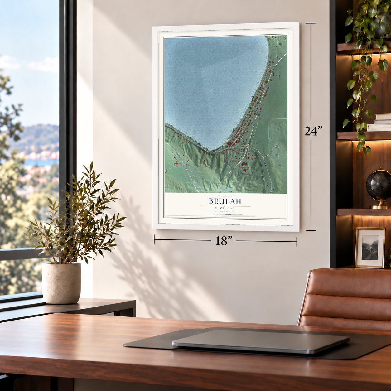Beulah, Michigan map, 18 x 24 inch print in a white frame in a home office