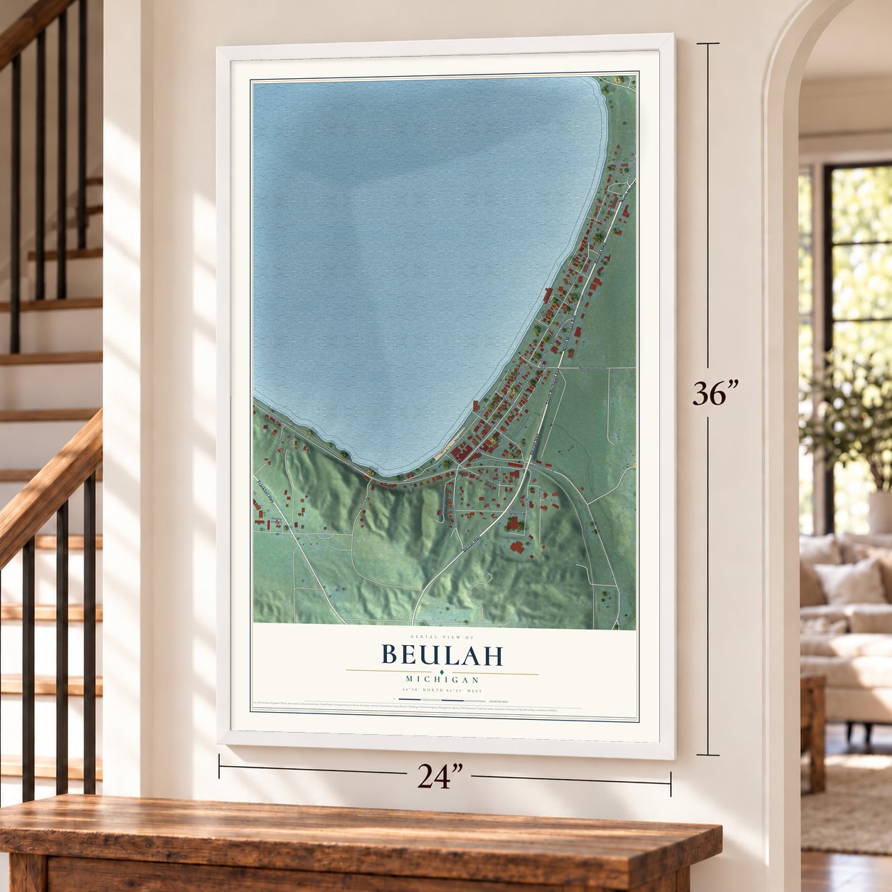 Beulah, Michigan map, 24 x 36 inch print in a white frame by a staircase