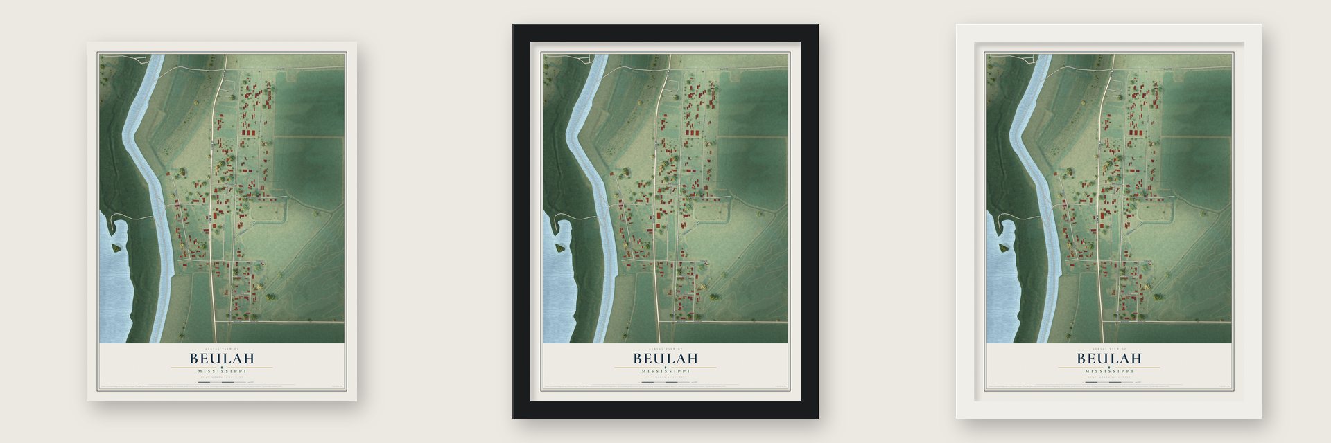 Beulah, Mississippi map unframed, in a black wood frame and in a white wood frame