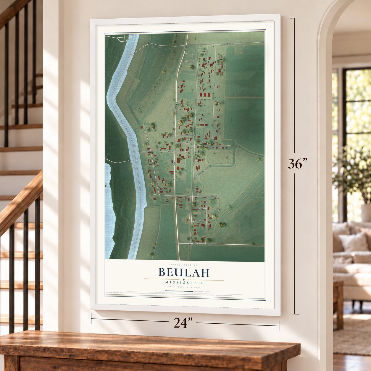 Beulah, Mississippi map, 24 x 36 inch print in a white frame by a staircase