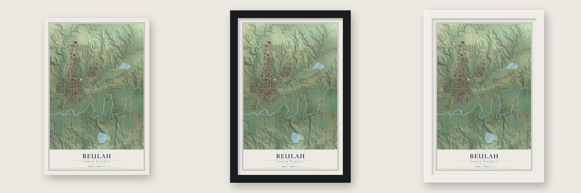 Beulah, North Dakota map unframed, in a black wood frame and in a white wood frame