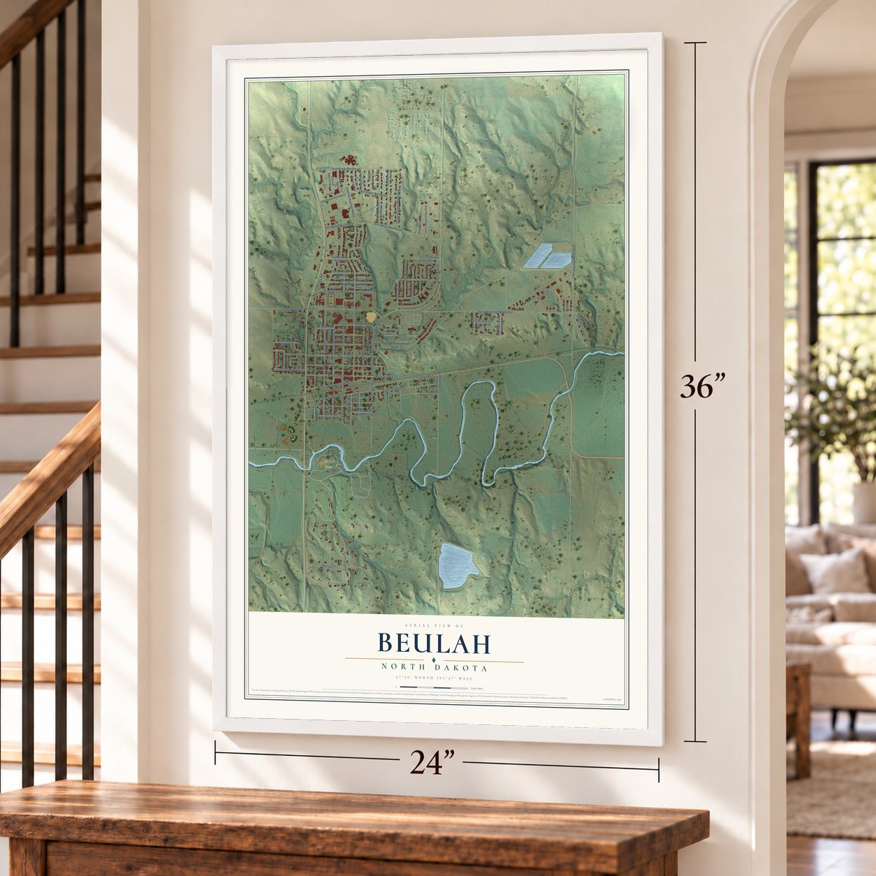 Beulah, North Dakota map, 24 x 36 inch print in a white frame by a staircase