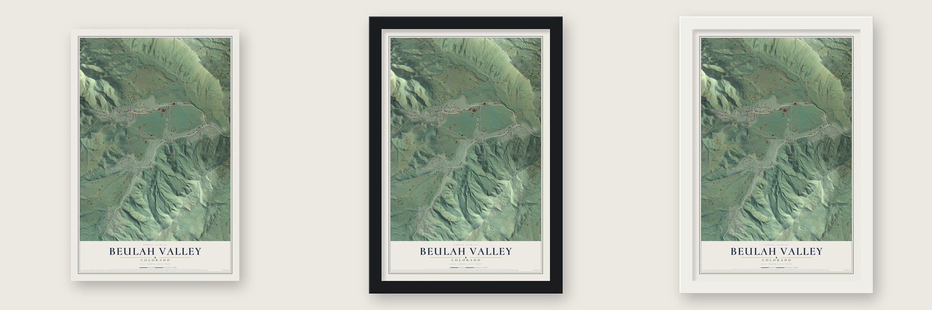 Beulah Valley, Colorado map unframed, in a black wood frame and in a white wood frame