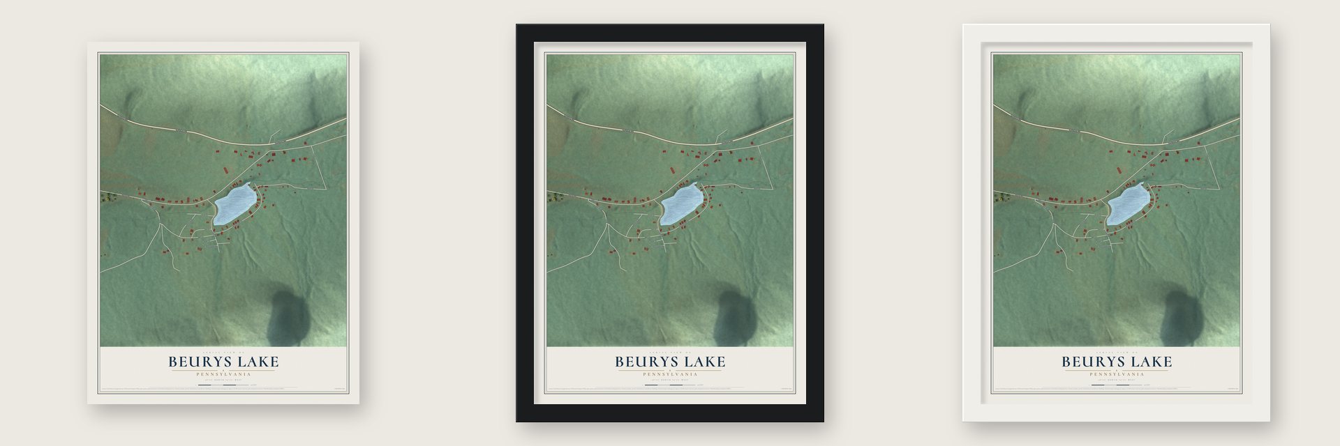Beurys Lake, Pennsylvania map unframed, in a black wood frame and in a white wood frame