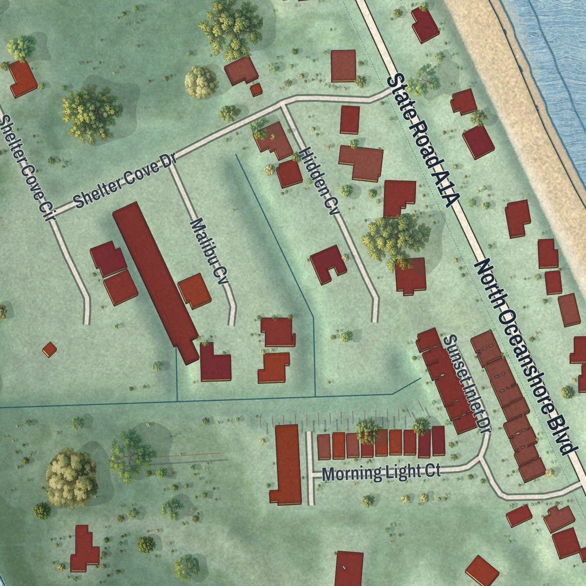 Second close-up of the map of Beverly Beach, Florida print showing more streets and buildings