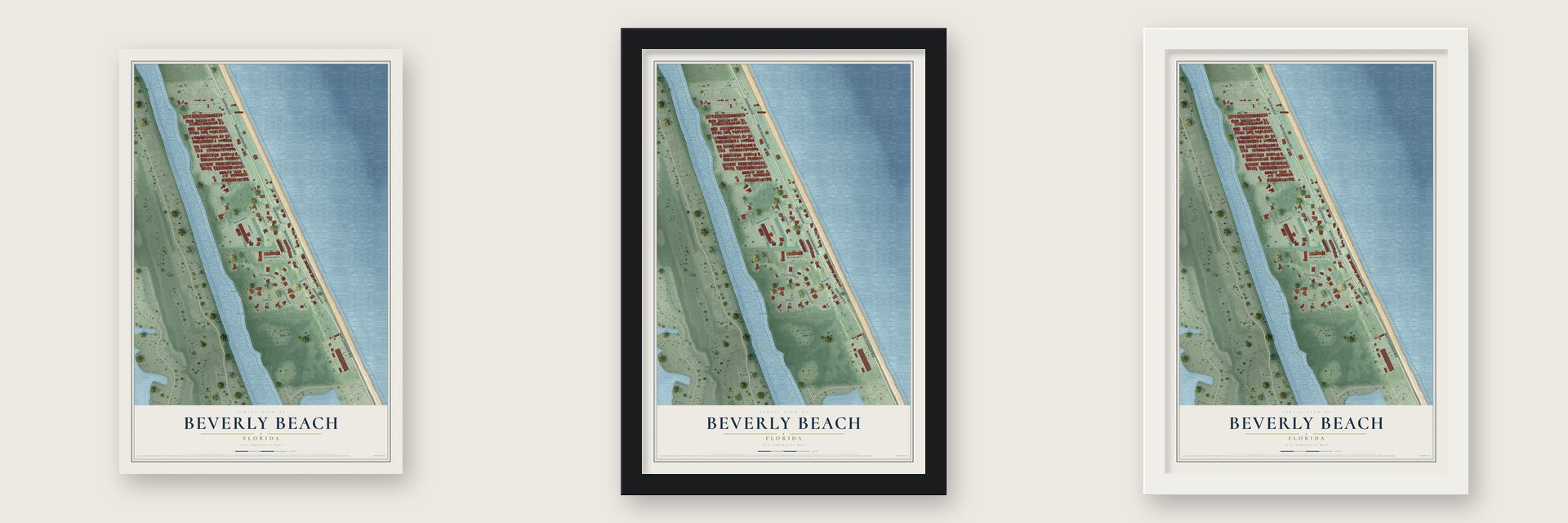 Beverly Beach, Florida map unframed, in a black wood frame and in a white wood frame
