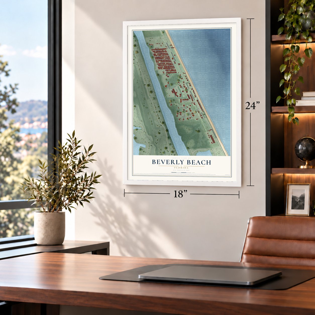Beverly Beach, Florida map, 18 x 24 inch print in a white frame in a home office