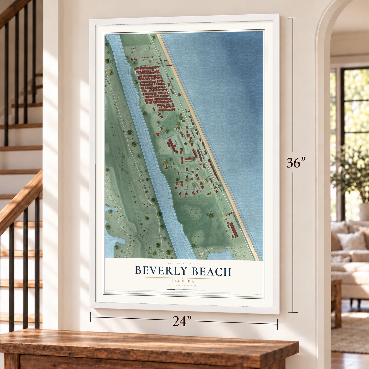 Beverly Beach, Florida map, 24 x 36 inch print in a white frame by a staircase