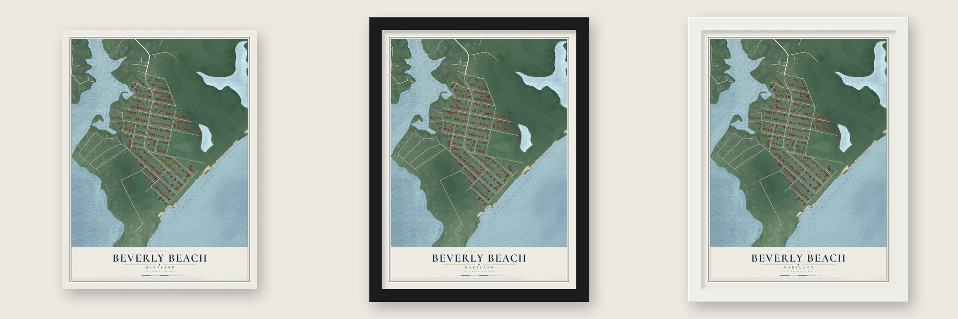 Beverly Beach, Maryland map unframed, in a black wood frame and in a white wood frame