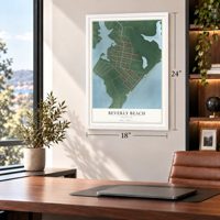Beverly Beach, Maryland map, 18 x 24 inch print in a white frame in a home office