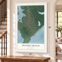 Beverly Beach, Maryland map, 24 x 36 inch print in a white frame by a staircase