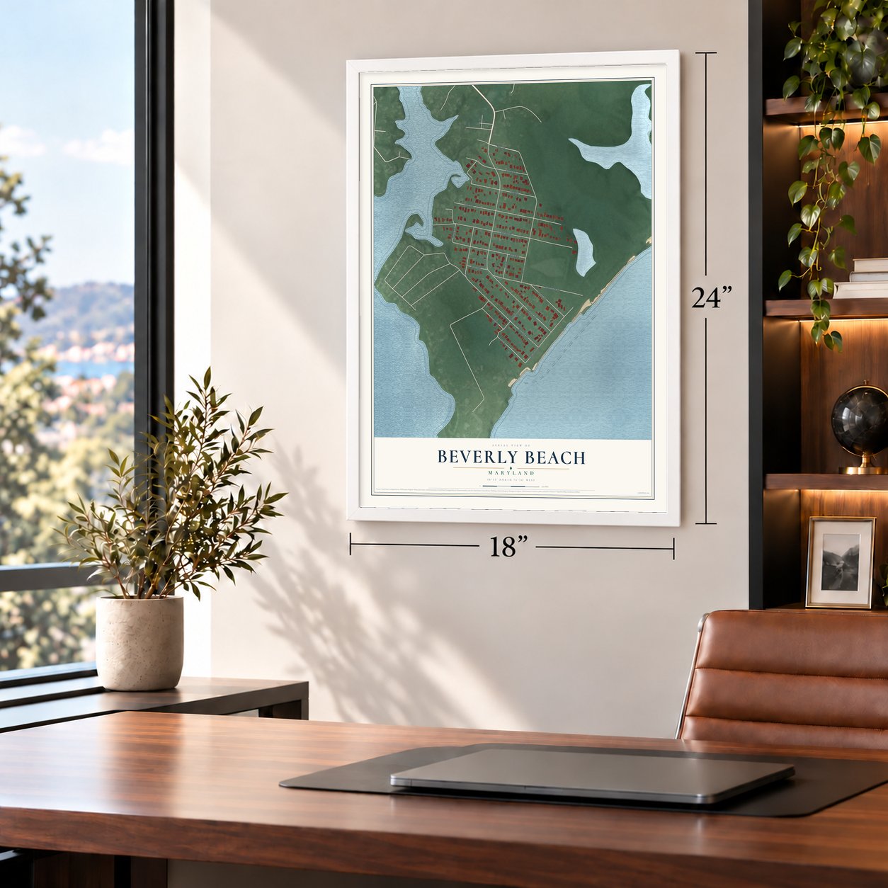 Beverly Beach, Maryland map, 18 x 24 inch print in a white frame in a home office