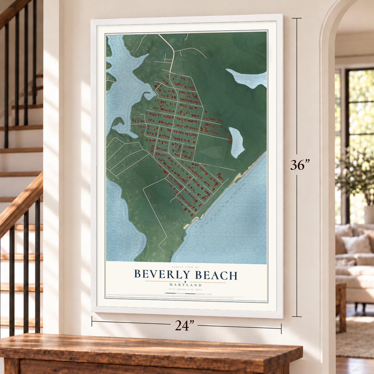 Beverly Beach, Maryland map, 24 x 36 inch print in a white frame by a staircase