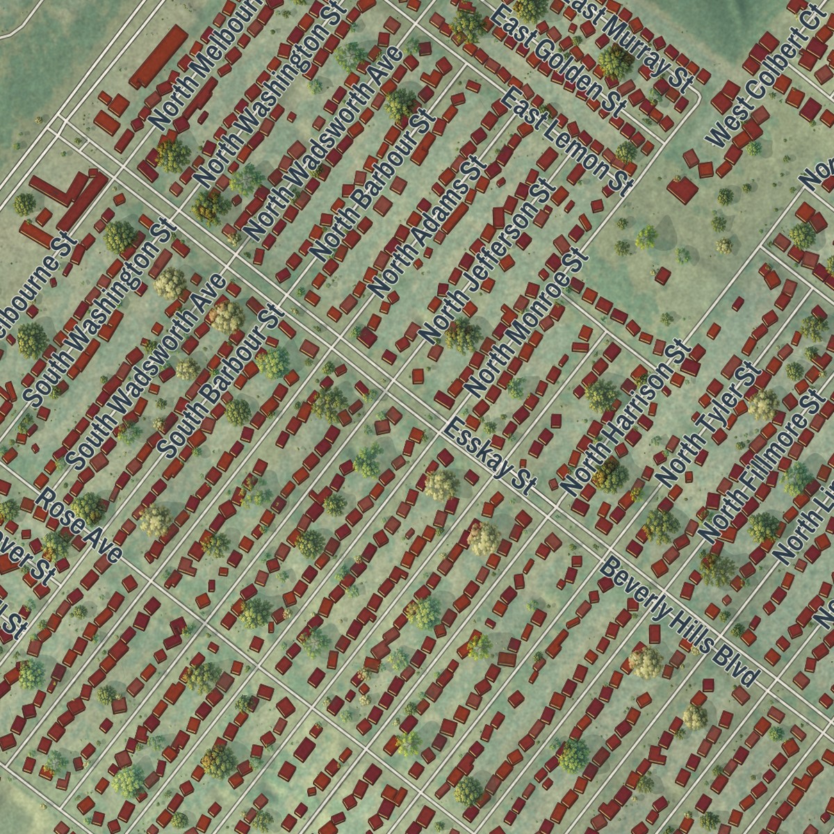 Second close-up of the map of Beverly Hills, Florida print showing more streets and buildings