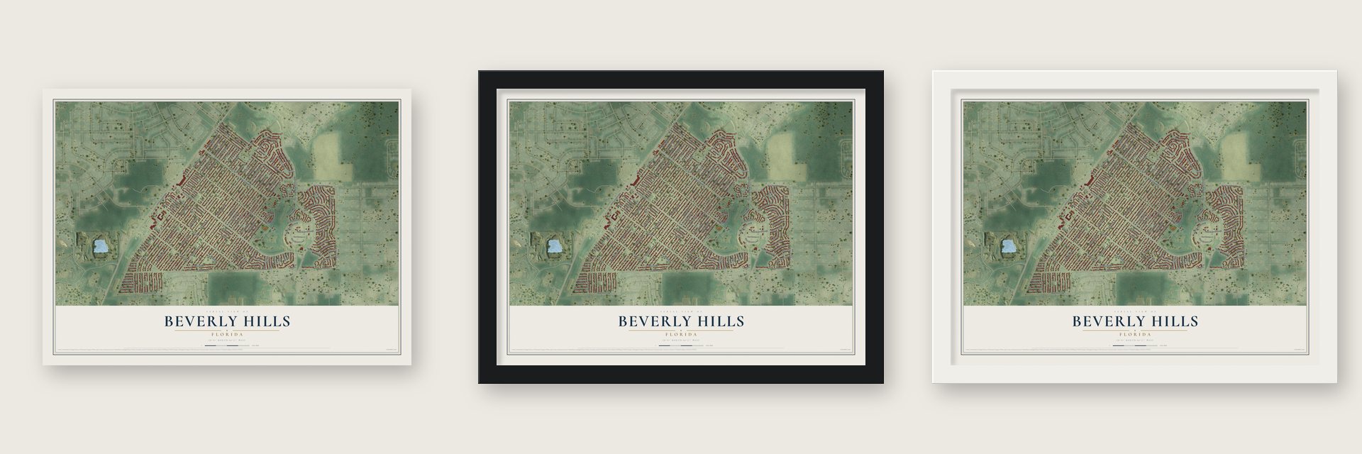 Beverly Hills, Florida map unframed, in a black wood frame and in a white wood frame