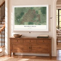 Beverly Hills, Florida map, 24 x 36 inch print in a white frame above a dresser by a staircase