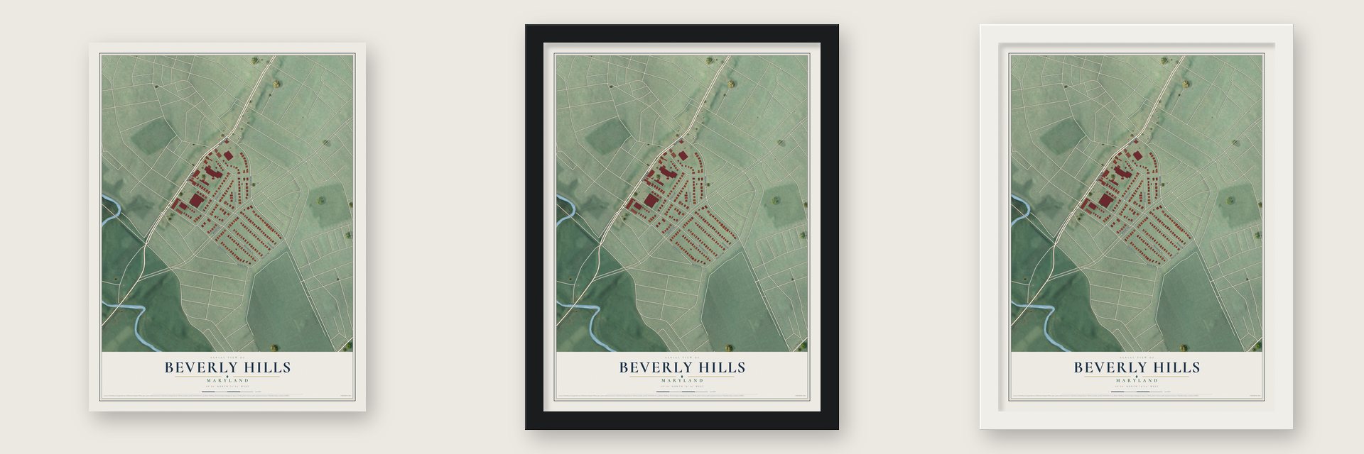 Beverly Hills, Maryland map unframed, in a black wood frame and in a white wood frame