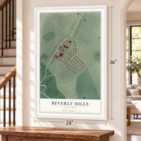 Beverly Hills, Maryland map, 24 x 36 inch print in a white frame by a staircase