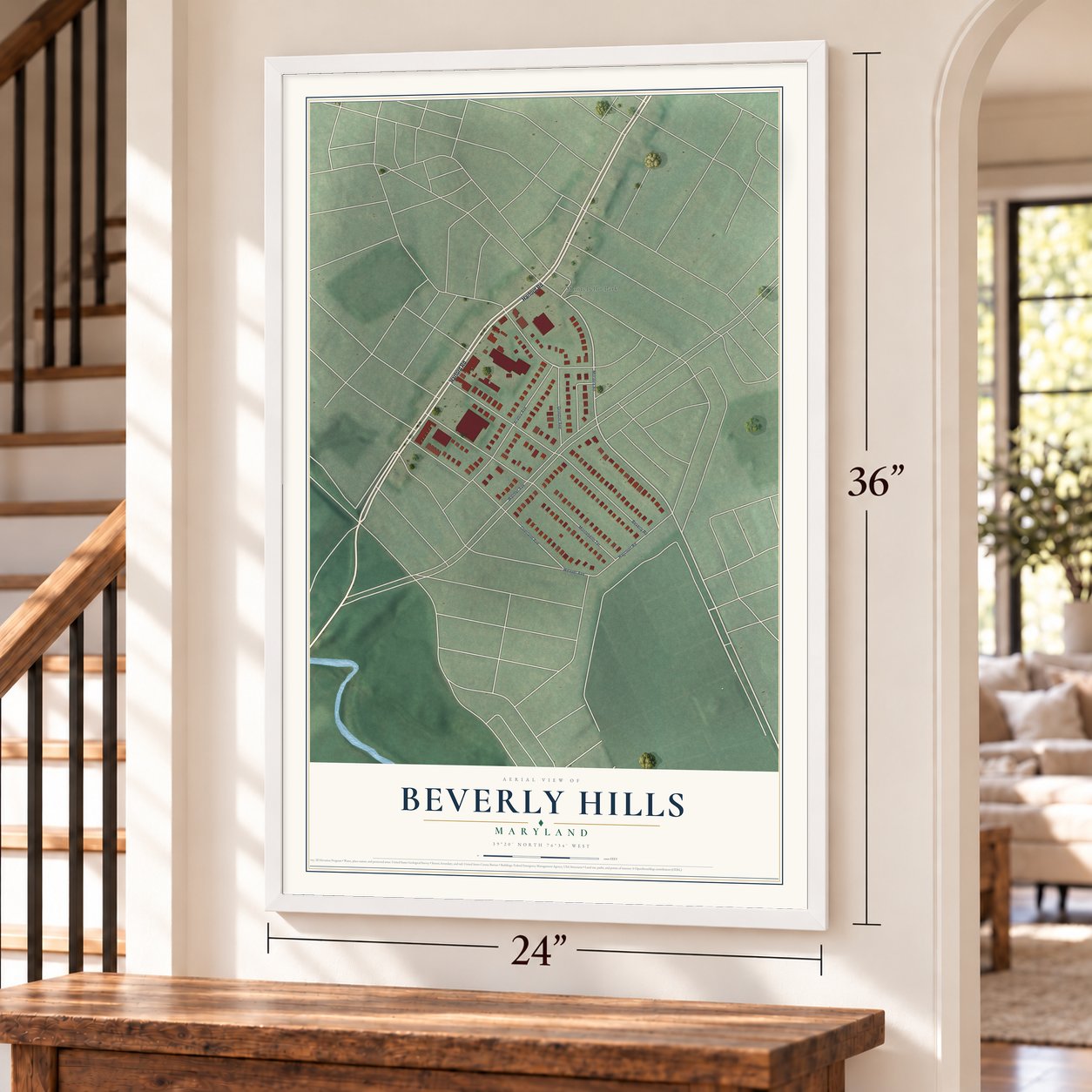 Beverly Hills, Maryland map, 24 x 36 inch print in a white frame by a staircase