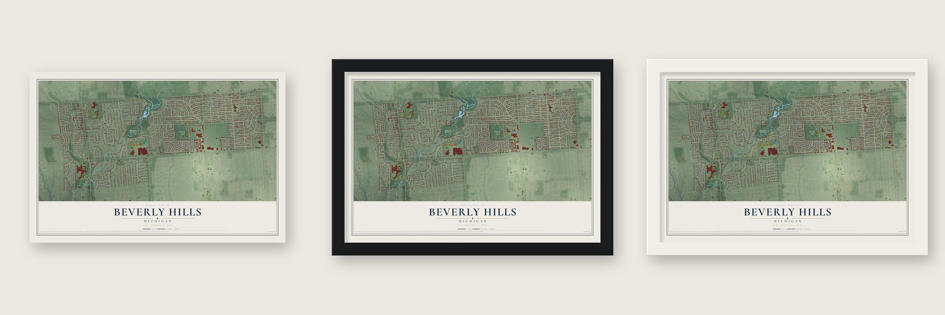 Beverly Hills, Michigan map unframed, in a black wood frame and in a white wood frame