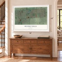 Beverly Hills, Michigan map, 24 x 36 inch print in a white frame above a dresser by a staircase