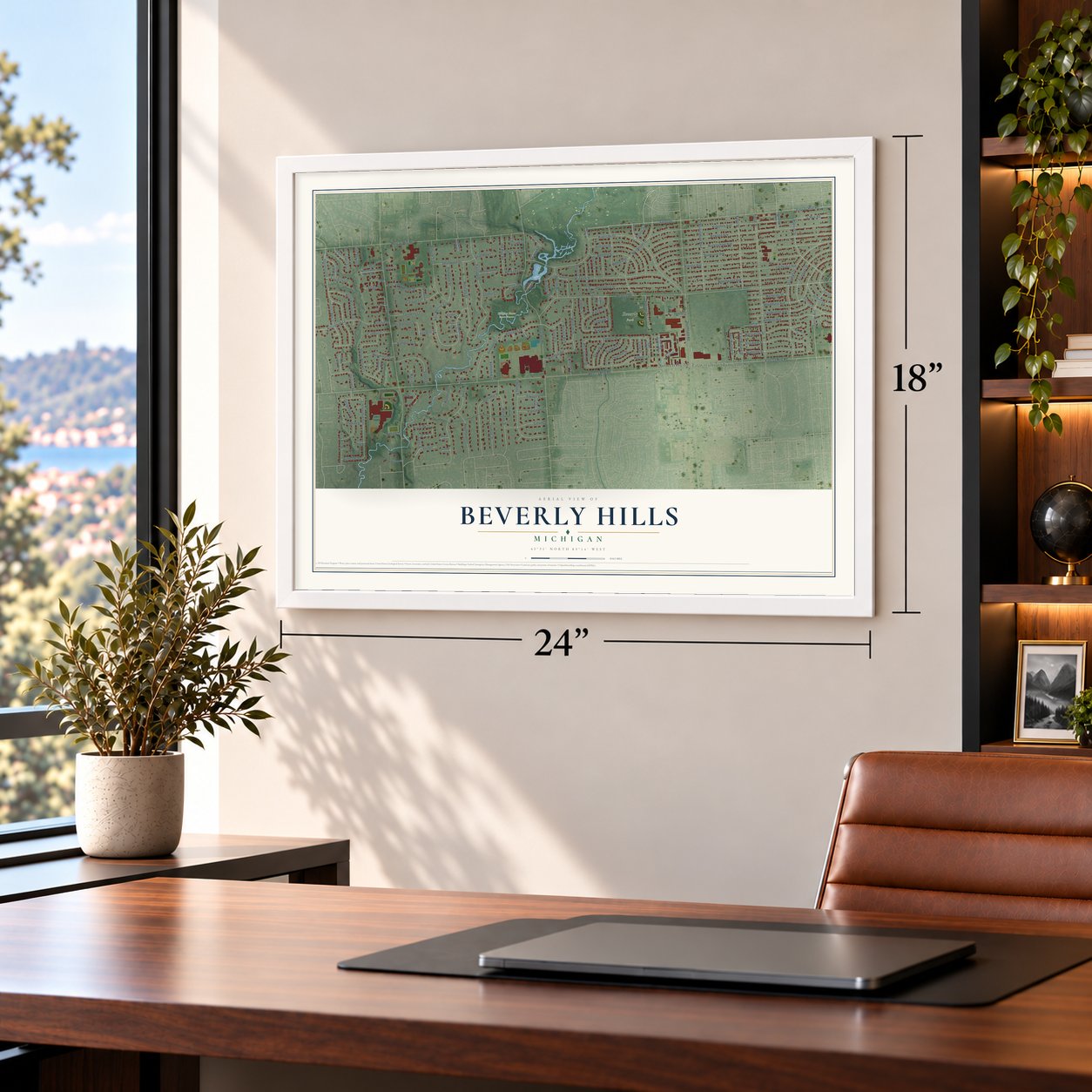 Beverly Hills, Michigan map, 18 x 24 inch print in a white frame in a home office