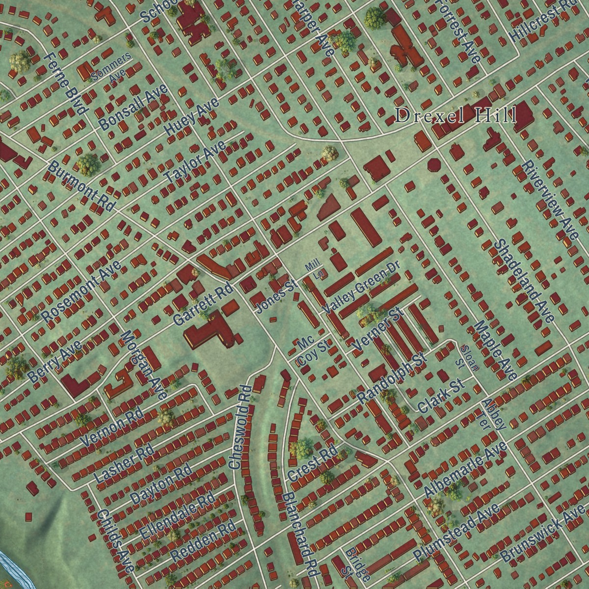 Second close-up of the map of Beverly Hills, Pennsylvania print showing more streets and buildings