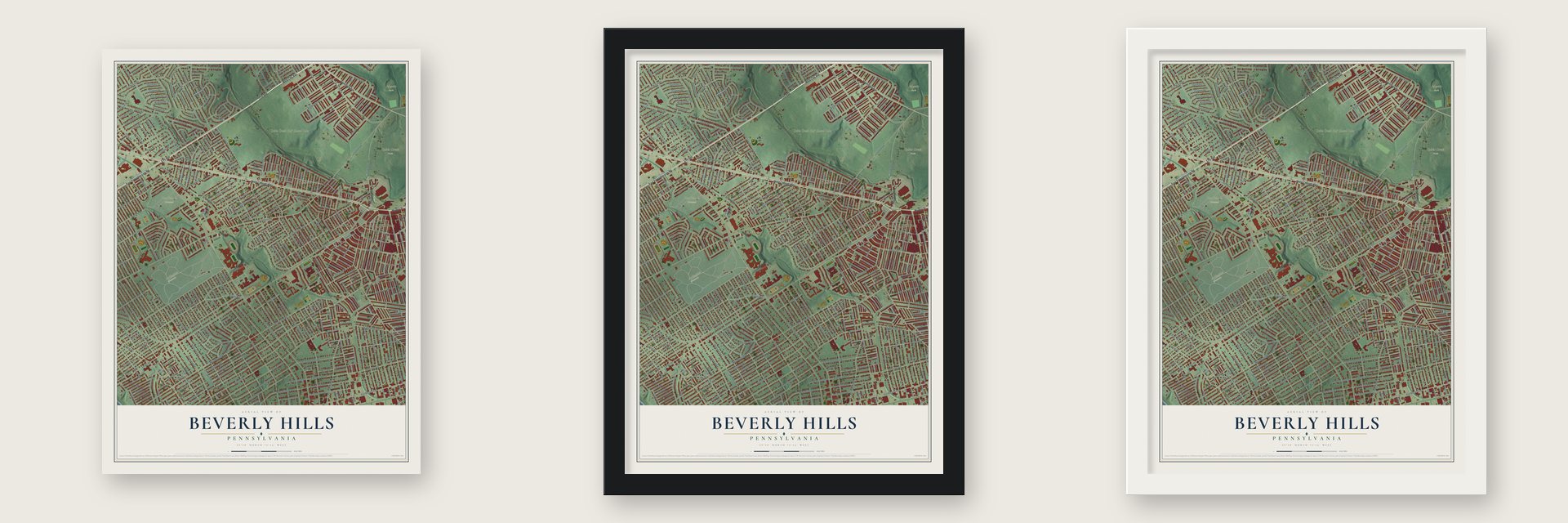 Beverly Hills, Pennsylvania map unframed, in a black wood frame and in a white wood frame