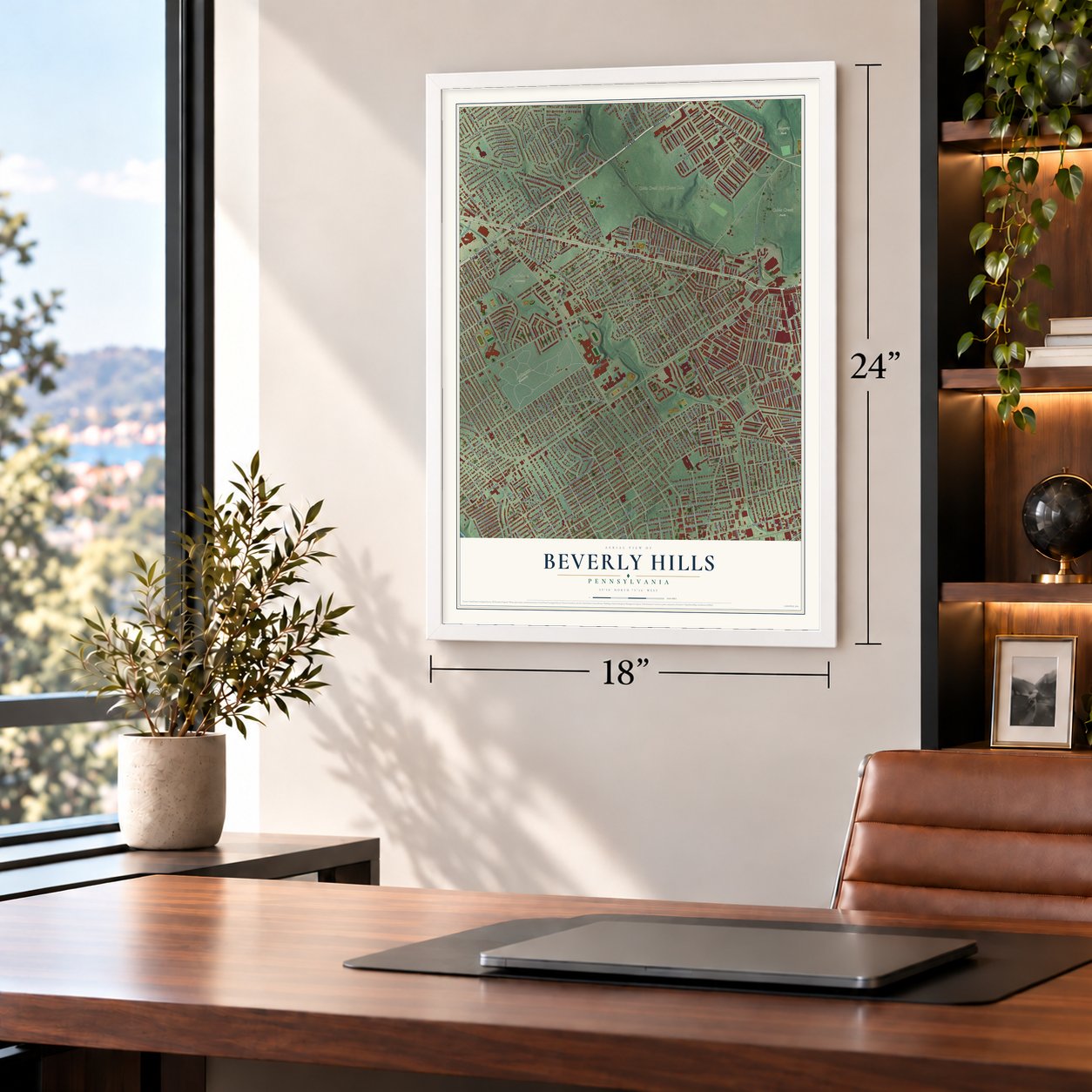 Beverly Hills, Pennsylvania map, 18 x 24 inch print in a white frame in a home office