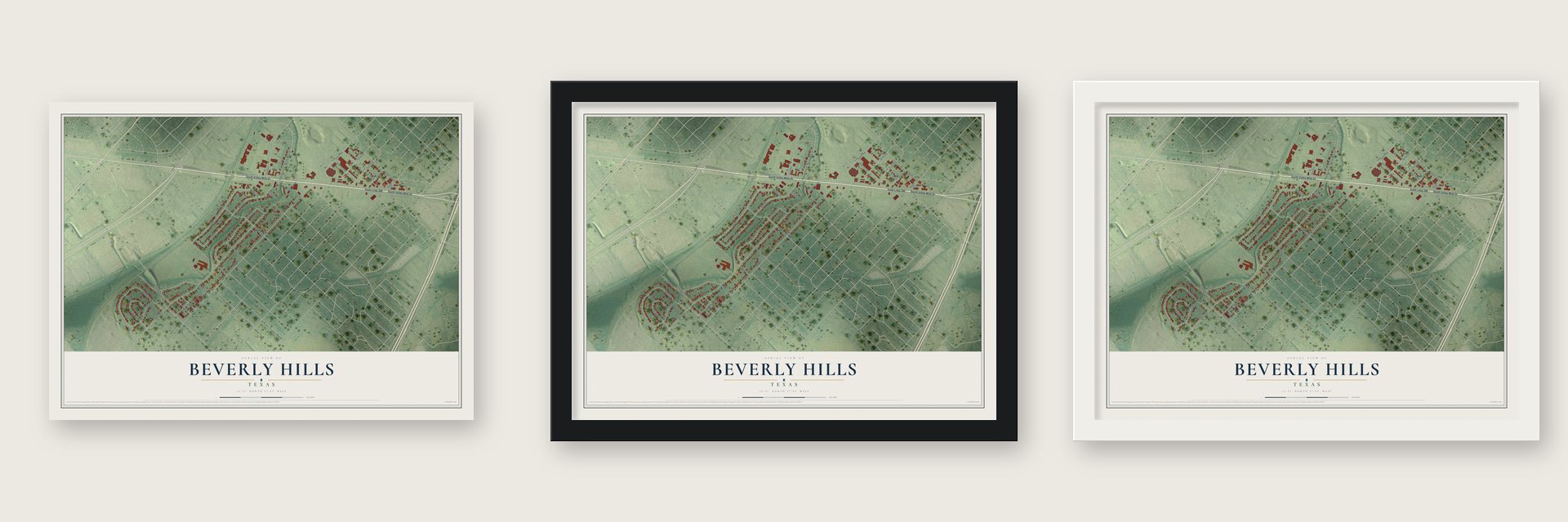Beverly Hills, Texas map unframed, in a black wood frame and in a white wood frame