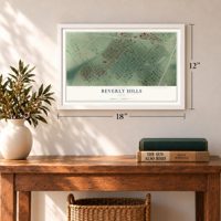 Beverly Hills, Texas map, 12 x 18 inch print in a white frame in an entryway