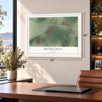 Beverly Hills, Texas map, 18 x 24 inch print in a white frame in a home office